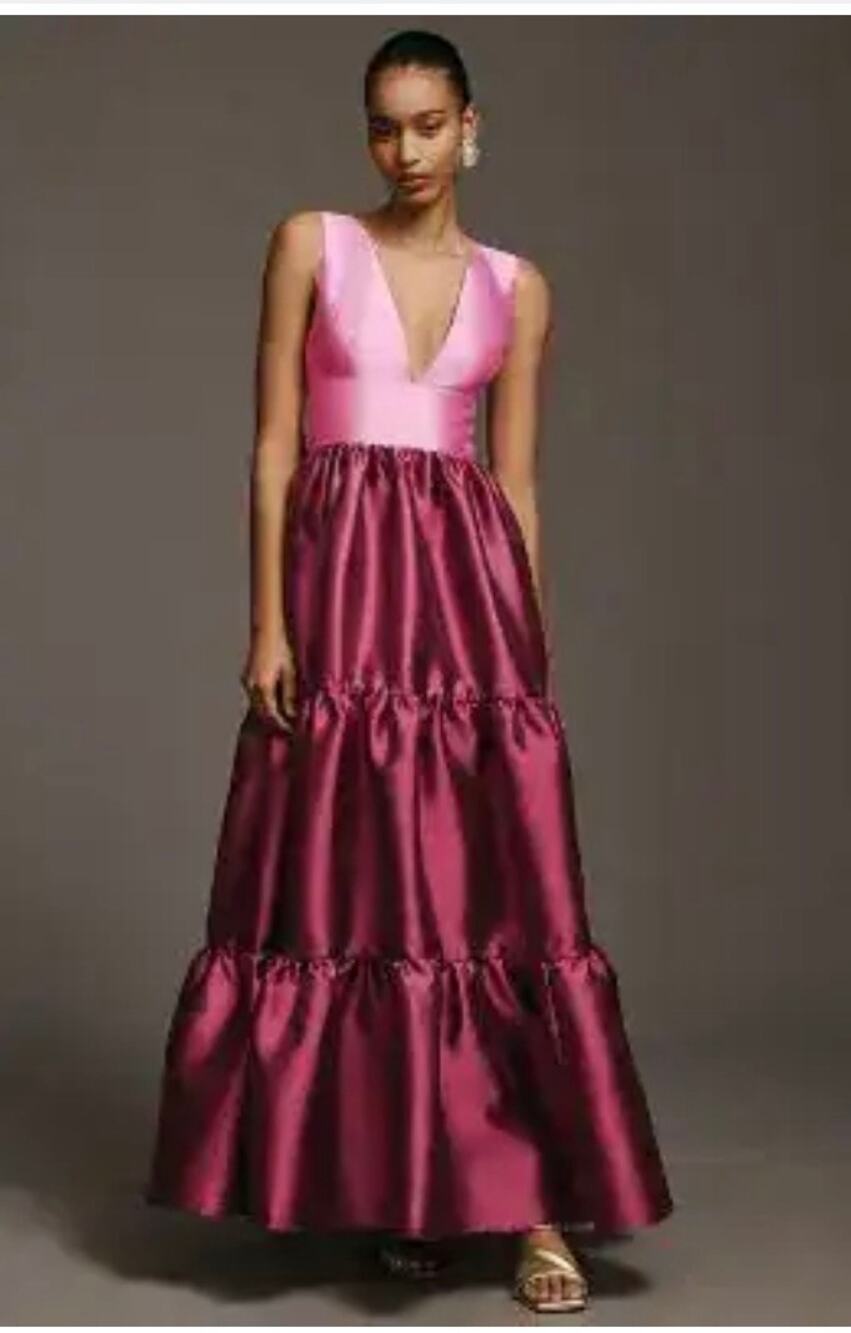 Hutch Harlo Tiered Colorblock Maxi Gown Dress Pink Plum Size 4 Bow Back